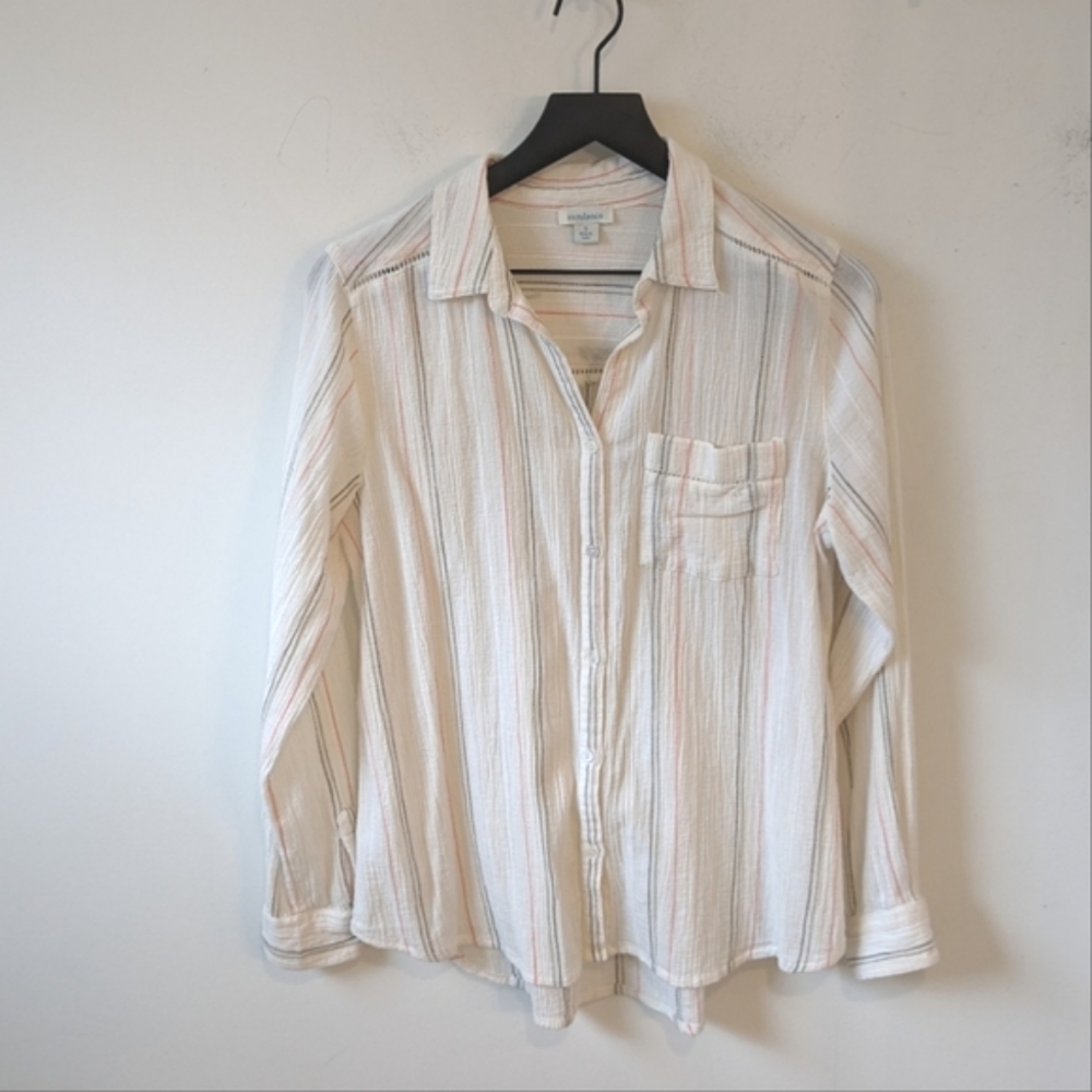 Sundance Selina Gauzy Cotton Embroidered Stripe Lightweight Button Up Shirt